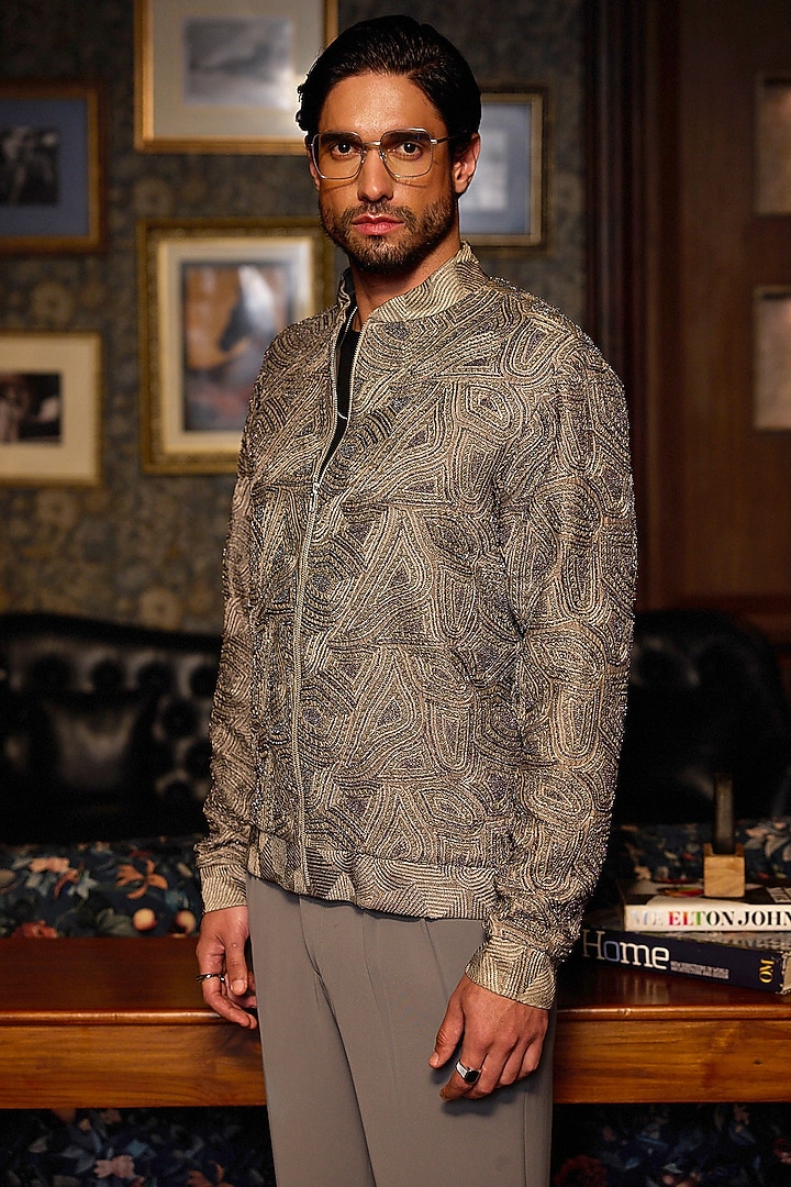 Beige Canvas Fabric Machine Embroidered Bomber Jacket by ASUKA at Pernia's Pop Up Shop