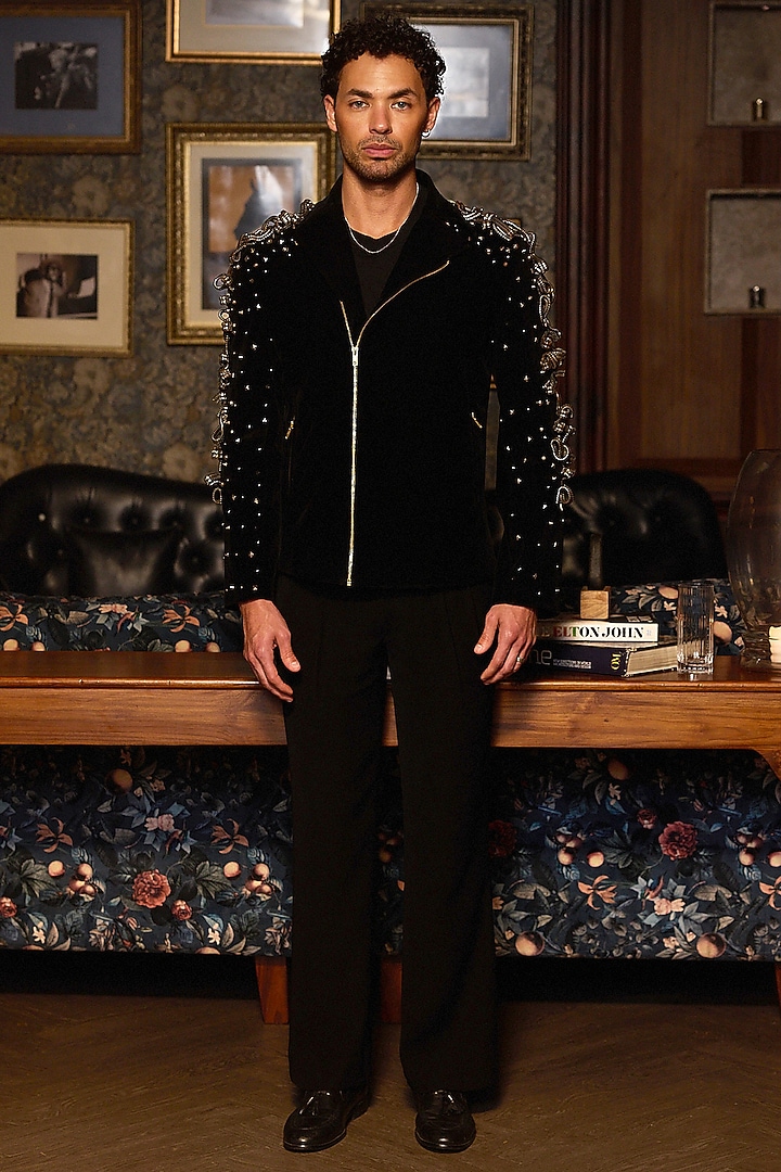 Black Velvet Embellished Bomber Jacket by ASUKA at Pernia's Pop Up Shop