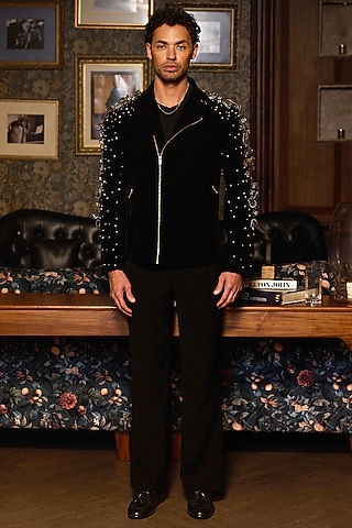 Black Velvet Embellished Bomber Jacket by ASUKA