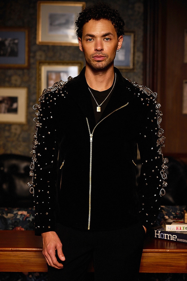 Black Velvet Embellished Bomber Jacket by ASUKA at Pernia's Pop Up Shop
