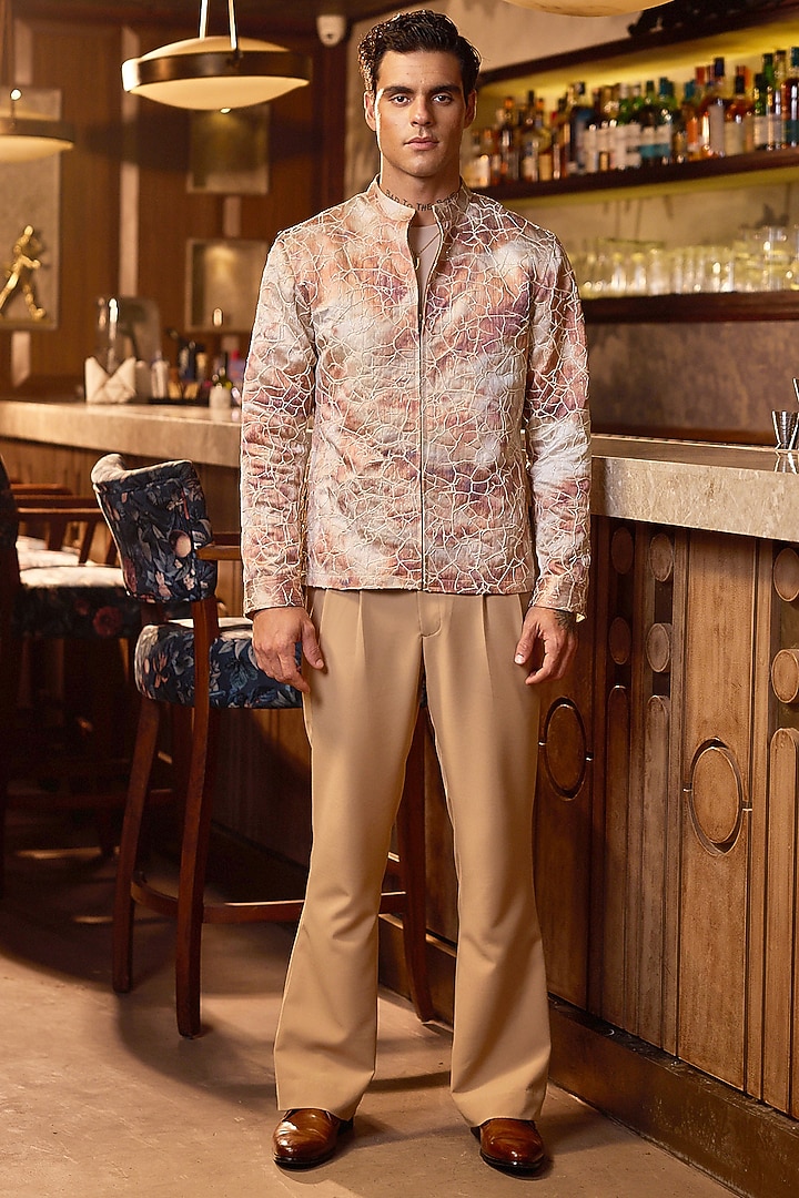 Gold Jacquard Printed Bomber Jacket by ASUKA at Pernia's Pop Up Shop