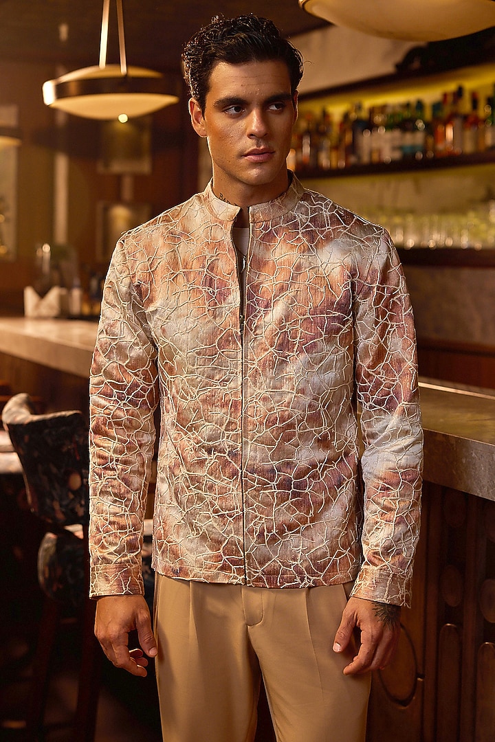 Gold Jacquard Printed Bomber Jacket by ASUKA at Pernia's Pop Up Shop