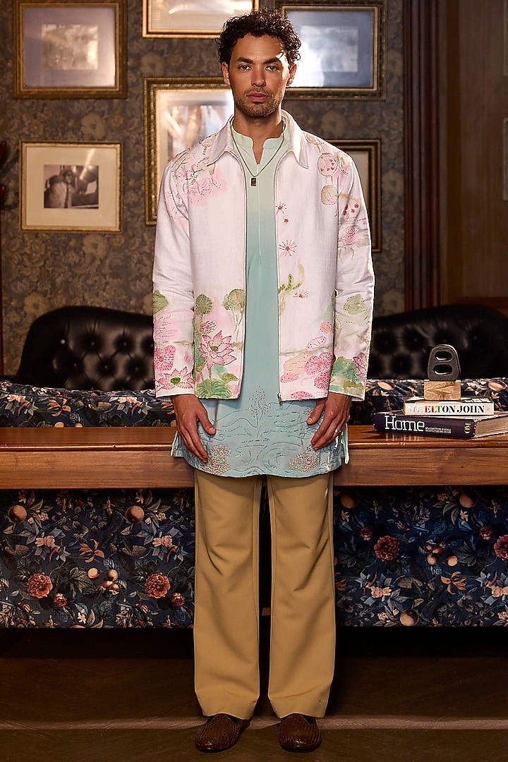 Ivory Linen Hand Painted Bomber Jacket Set by ASUKA at Pernia's Pop Up Shop