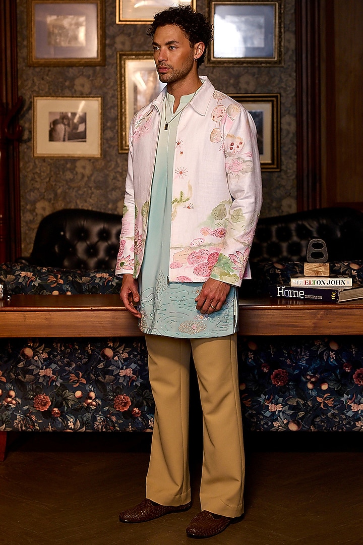 Ivory Linen Hand Painted Bomber Jacket Set by ASUKA at Pernia's Pop Up Shop