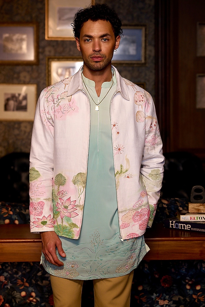 Ivory Linen Hand Painted Bomber Jacket Set by ASUKA at Pernia's Pop Up Shop
