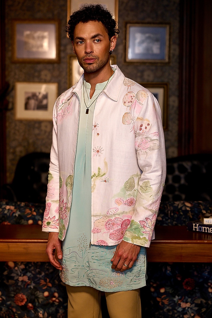 Ivory Linen Hand Painted Bomber Jacket Set by ASUKA at Pernia's Pop Up Shop