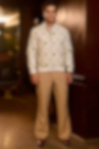 Cream Tigene Fabric Cutdana Embellished Bomber Jacket by ASUKA at Pernia's Pop Up Shop