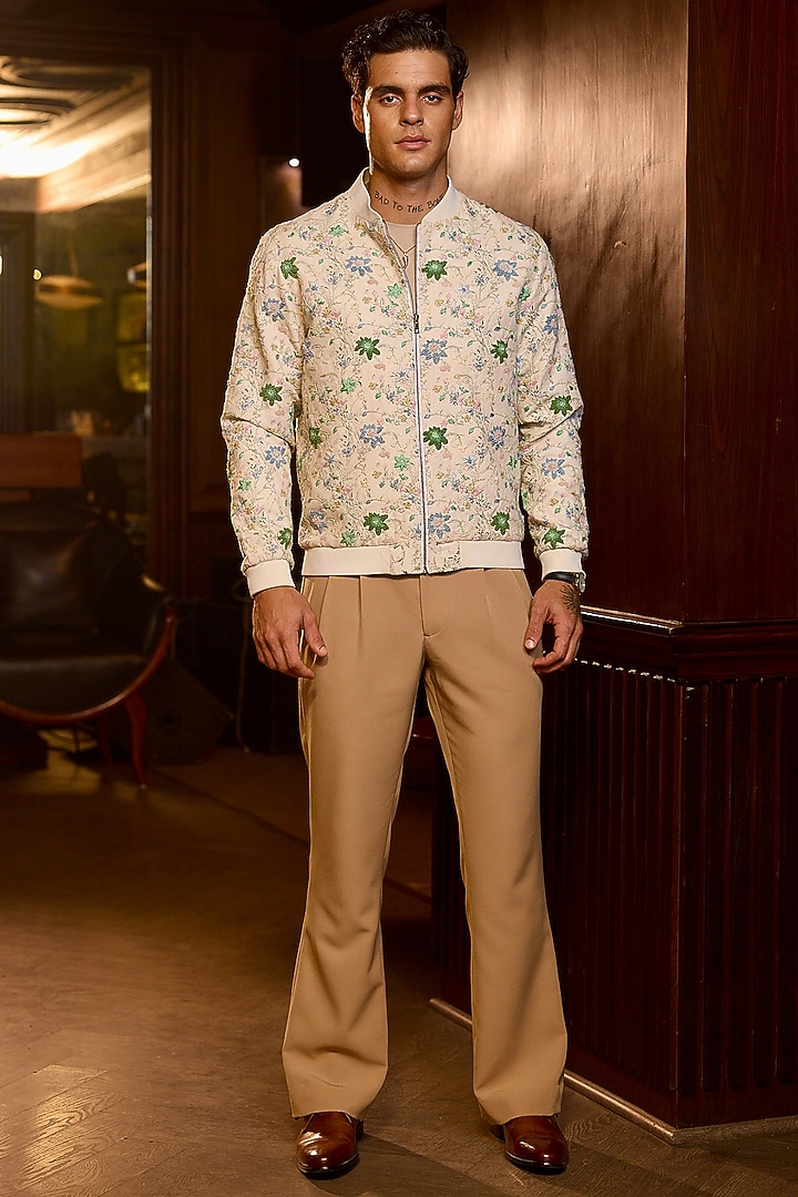 Cream Tigene Fabric Cutdana Embellished Bomber Jacket by ASUKA at Pernia's Pop Up Shop