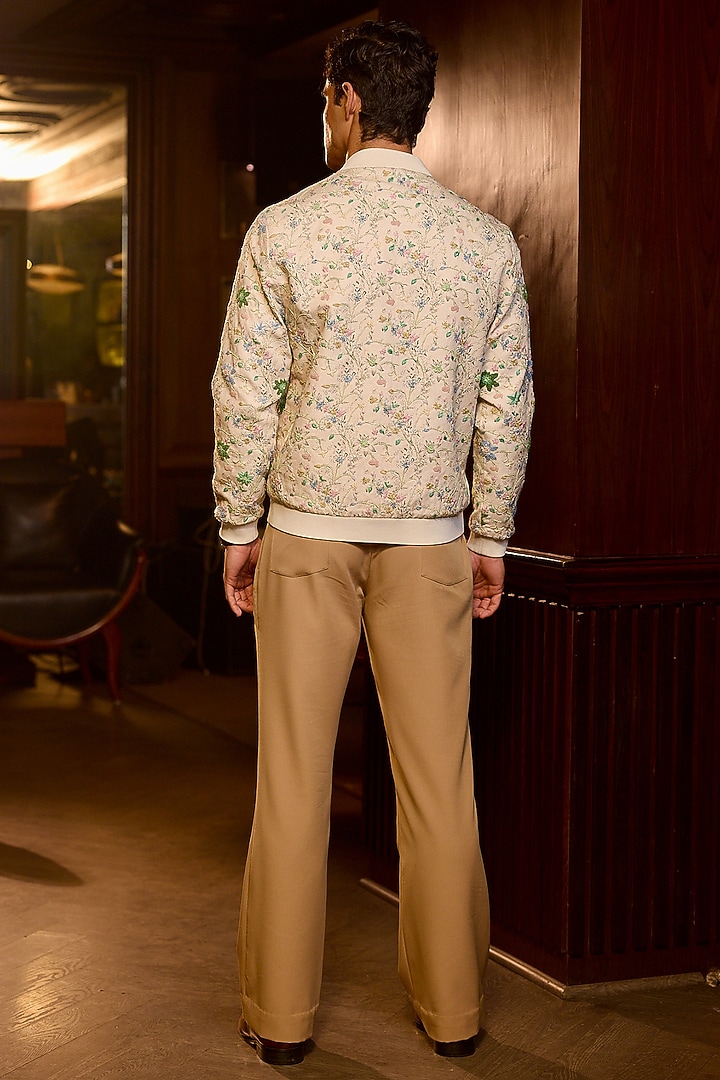 Cream Tigene Fabric Cutdana Embellished Bomber Jacket by ASUKA at Pernia's Pop Up Shop
