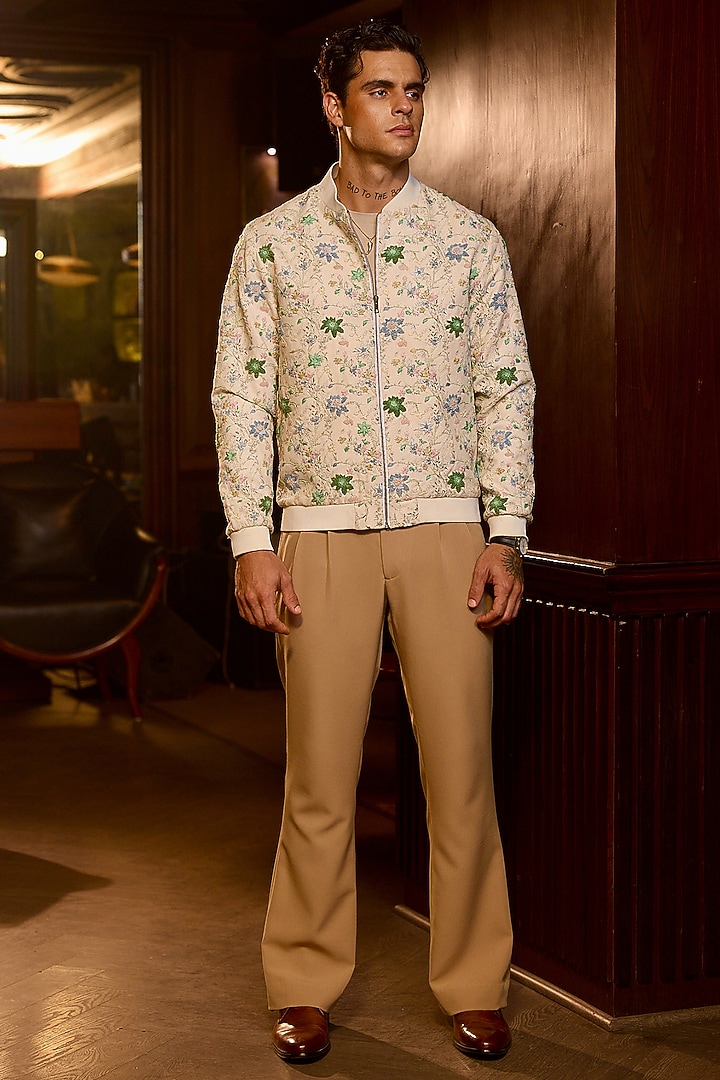 Cream Tigene Fabric Cutdana Embellished Bomber Jacket by ASUKA at Pernia's Pop Up Shop