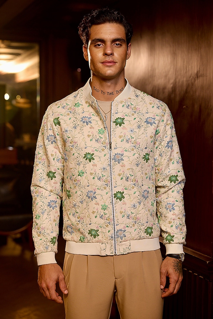 Cream Tigene Fabric Cutdana Embellished Bomber Jacket by ASUKA at Pernia's Pop Up Shop