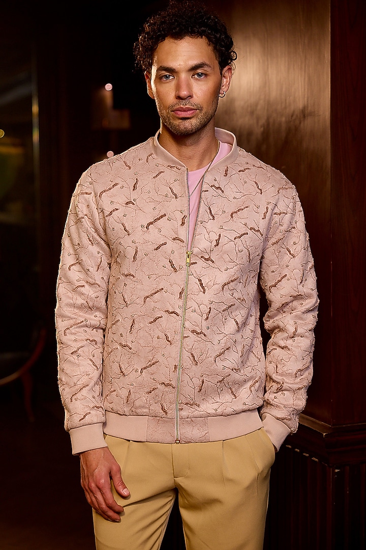 Blush Tigene Fabric Embellished Bomber Jacket by ASUKA at Pernia's Pop Up Shop