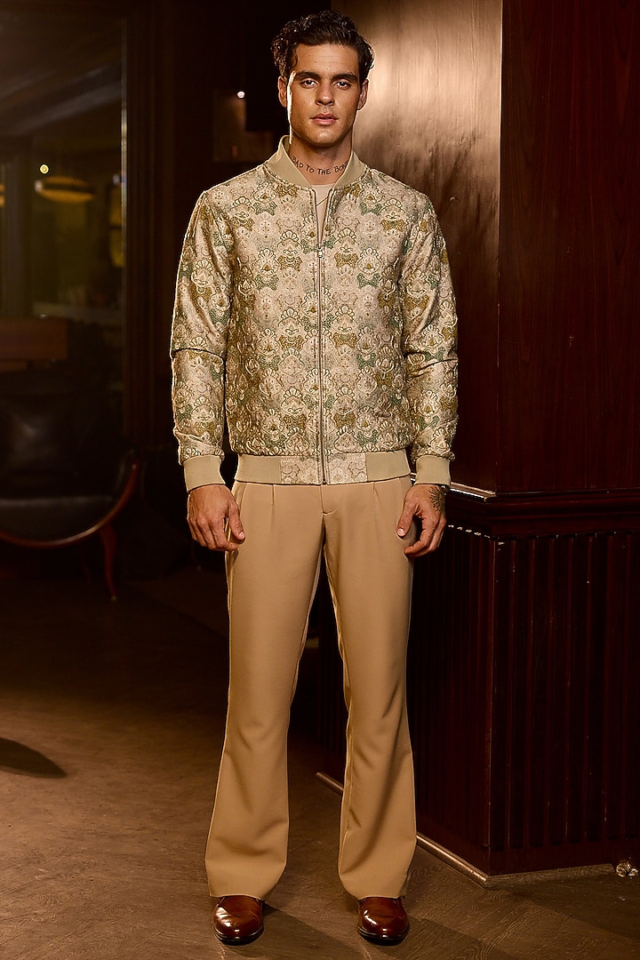 Gold Tiger Fabric Machine Embroidered Bomber Jacket by ASUKA at Pernia's Pop Up Shop