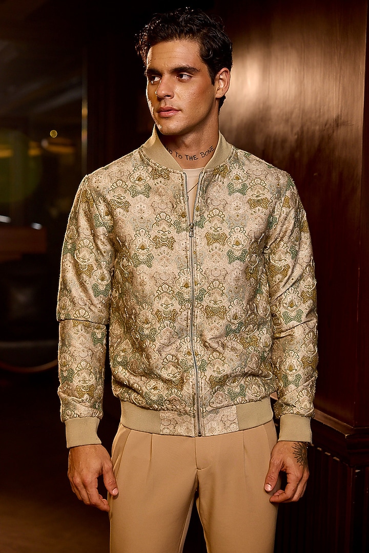 Gold Tiger Fabric Machine Embroidered Bomber Jacket by ASUKA at Pernia's Pop Up Shop
