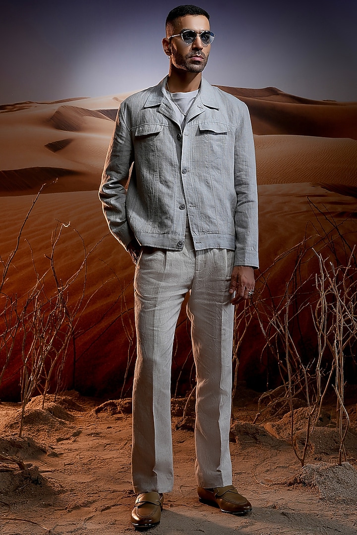 Blue-Grey Linen Jacket by ASUKA at Pernia's Pop Up Shop
