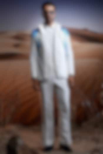 Ice Blue Linen Hand Painted & Hand Embroidered Jacket Set by ASUKA at Pernia's Pop Up Shop