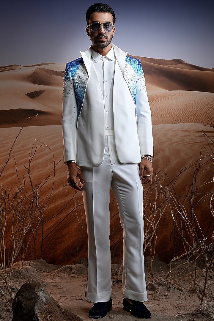 Ice Blue Linen Hand Painted & Hand Embroidered Jacket Set by ASUKA at Pernia's Pop Up Shop