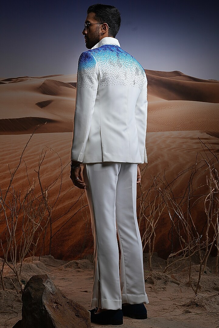Ice Blue Linen Hand Painted & Hand Embroidered Jacket Set by ASUKA at Pernia's Pop Up Shop