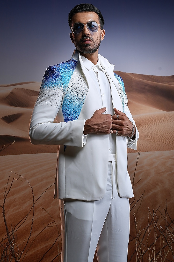 Ice Blue Linen Hand Painted & Hand Embroidered Jacket Set by ASUKA at Pernia's Pop Up Shop
