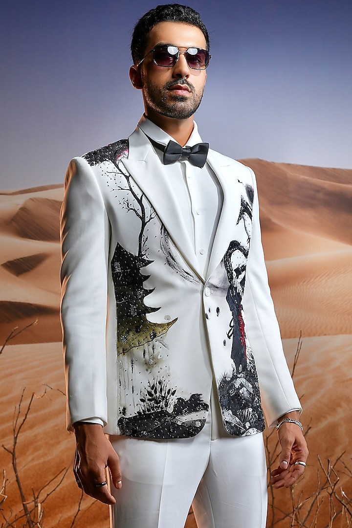 White Lachka Hand Painted & Hand Embroidered Jacket Set by ASUKA at Pernia's Pop Up Shop