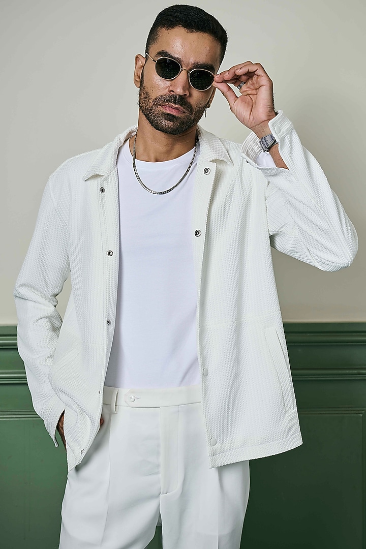 White Textured Knit Fabric Jacket by ASUKA at Pernia's Pop Up Shop