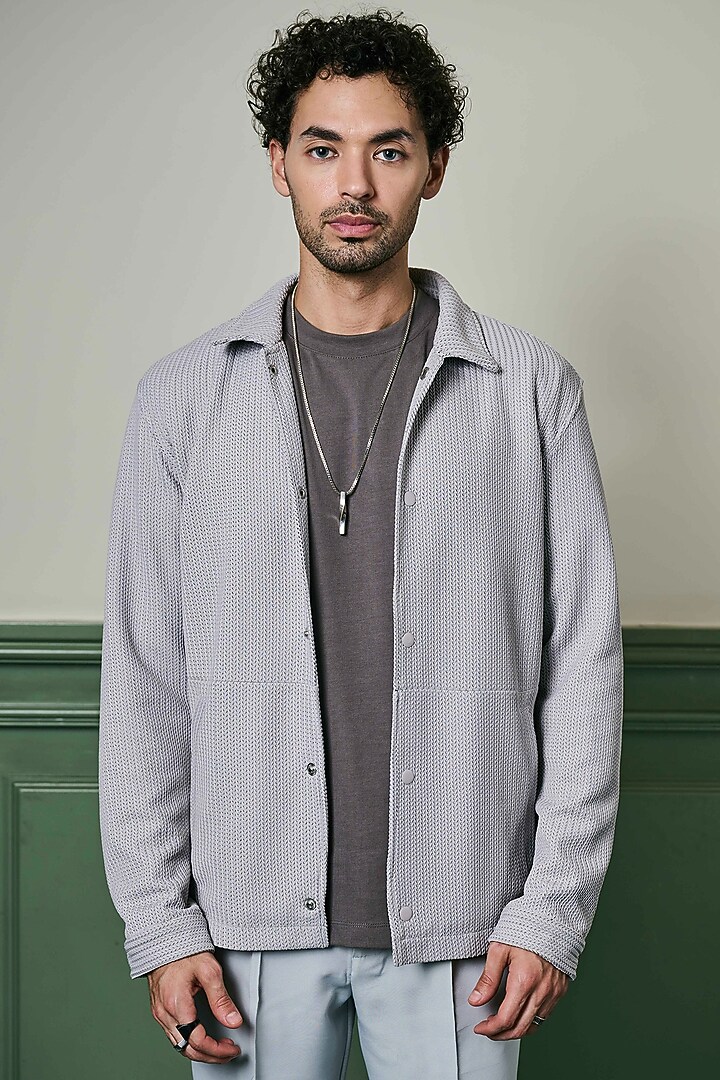 Light Grey Textured Knit Fabric Jacket by ASUKA at Pernia's Pop Up Shop