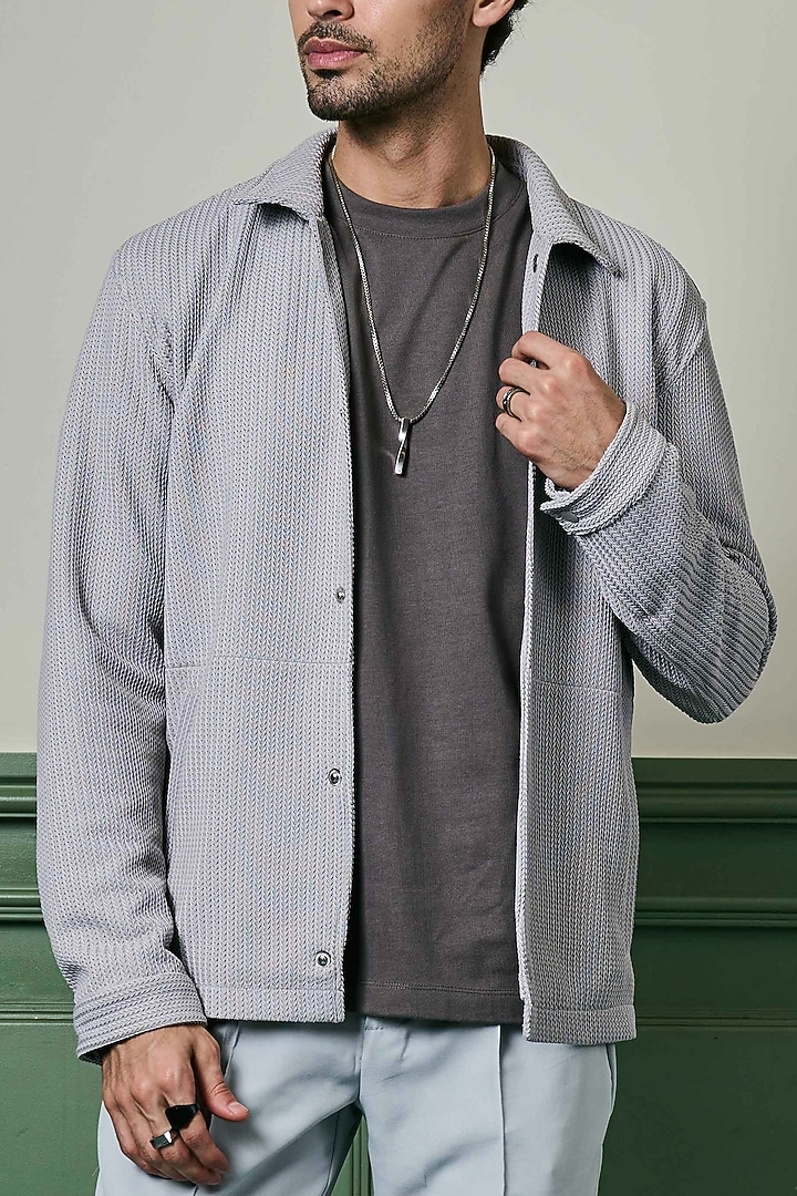 Light Grey Textured Knit Fabric Jacket by ASUKA at Pernia's Pop Up Shop