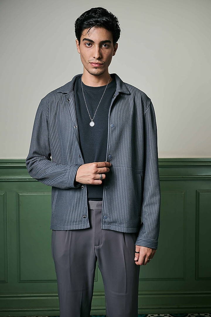 Charcoal Grey Textured Knit Fabric Jacket by ASUKA at Pernia's Pop Up Shop