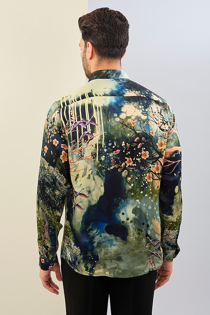 Green Pure Habutai Silk Printed Party Wear Shirt by ASUKA at Pernia's Pop Up Shop