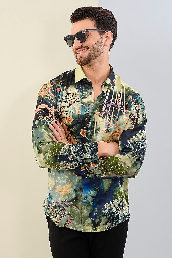 Green Pure Habutai Silk Printed Party Wear Shirt by ASUKA at Pernia's Pop Up Shop