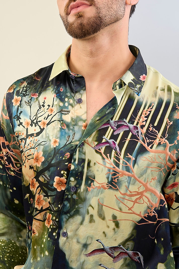 Green Pure Habutai Silk Printed Party Wear Shirt by ASUKA at Pernia's Pop Up Shop