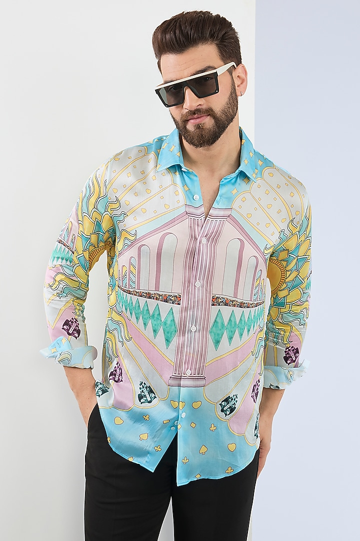 Sky Blue Pure Habutai Silk Printed Party Wear Shirt by ASUKA at Pernia's Pop Up Shop