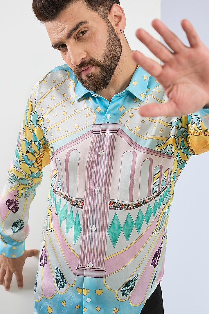 Sky Blue Pure Habutai Silk Printed Party Wear Shirt by ASUKA at Pernia's Pop Up Shop