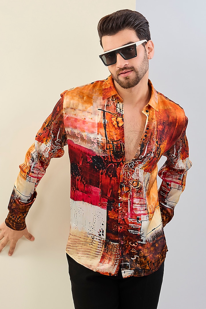 Orange Pure Habutai Silk Party Wear Shirt by ASUKA at Pernia's Pop Up Shop