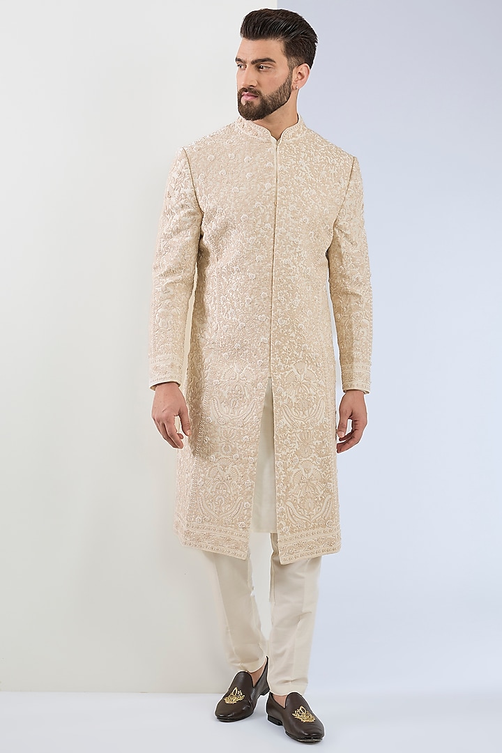 Beige Chanderi Silk Hand Embroidered Sherwani Set by ASUKA