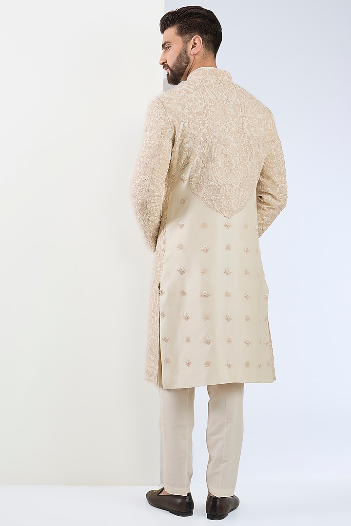 Beige Chanderi Silk Hand Embroidered Groom Sherwani Set by ASUKA at Pernia's Pop Up Shop