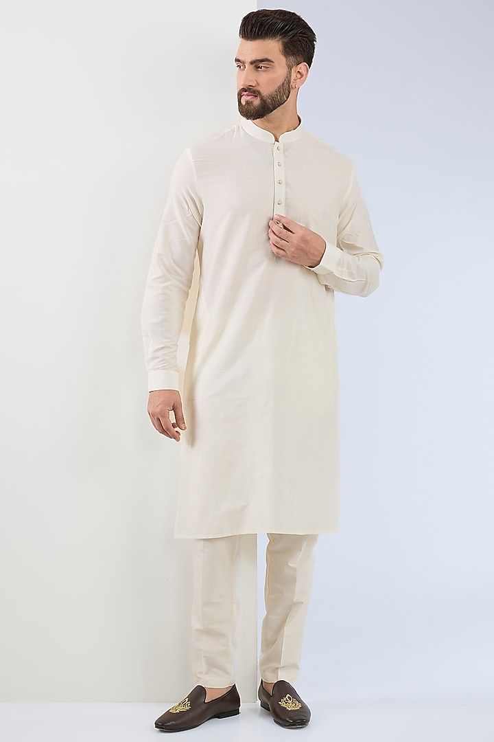 Beige Chanderi Silk Hand Embroidered Groom Sherwani Set by ASUKA at Pernia's Pop Up Shop