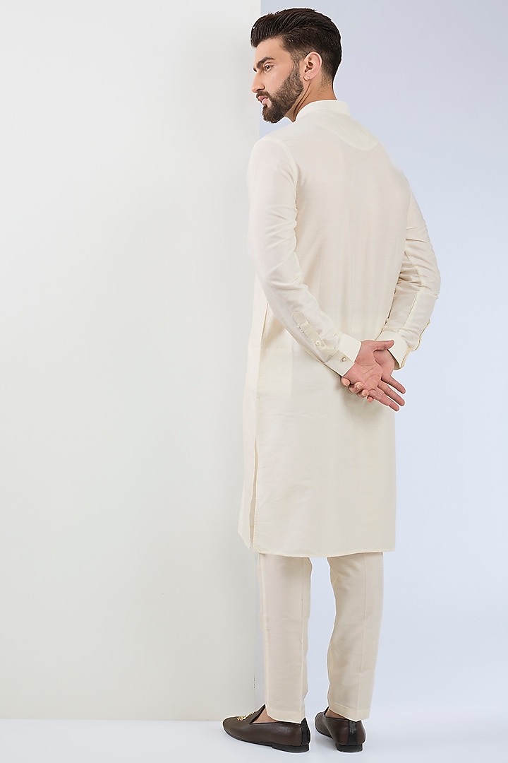 Beige Chanderi Silk Hand Embroidered Groom Sherwani Set by ASUKA at Pernia's Pop Up Shop