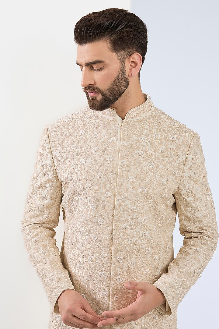 Beige Chanderi Silk Hand Embroidered Groom Sherwani Set by ASUKA at Pernia's Pop Up Shop