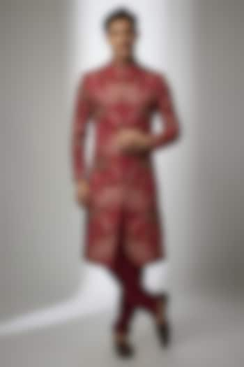 Red Raw Silk Embroidered Sherwani Set by ASUKA