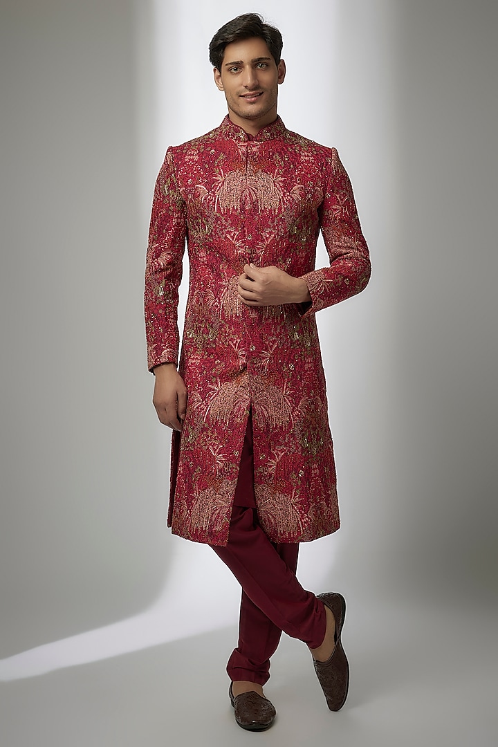 Red Raw Silk Embroidered Sherwani Set by ASUKA