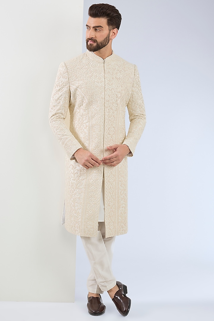 Ivory Raw Silk Cutdana Embroidered Sherwani Set by ASUKA