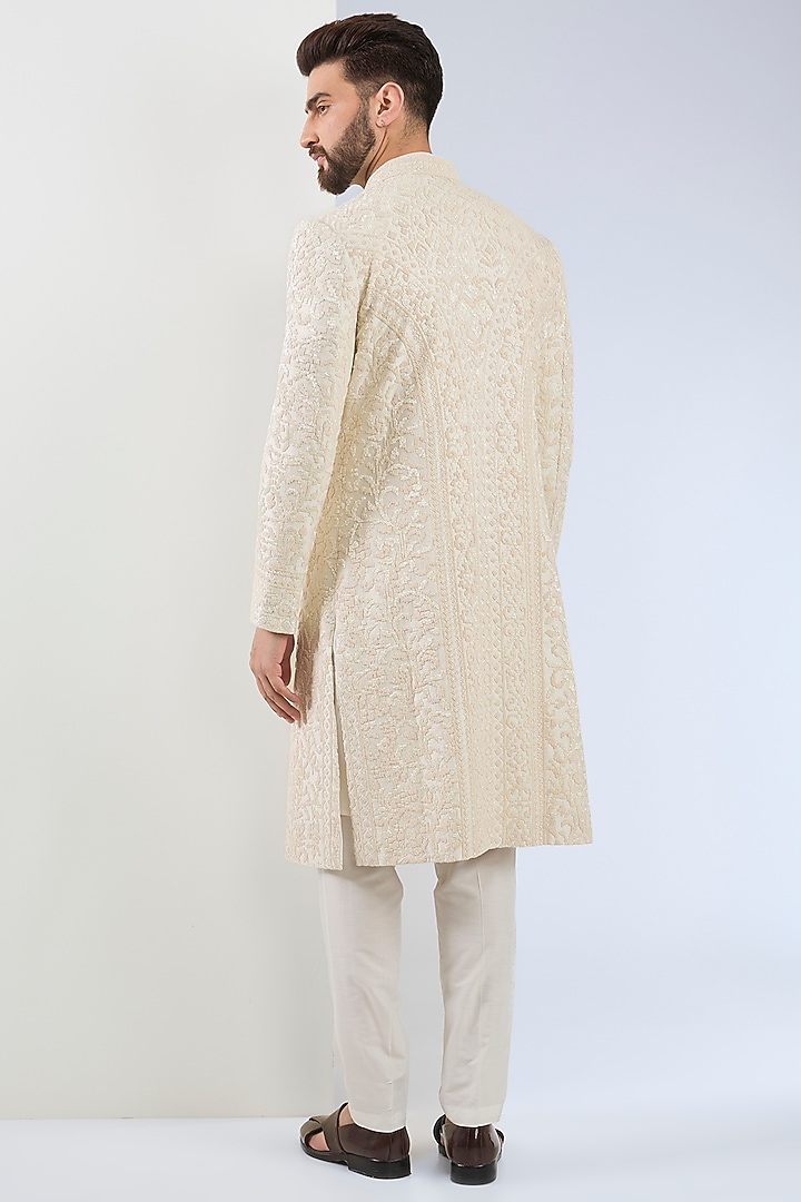Ivory Raw Silk Cutdana Embroidered Groom Sherwani Set by ASUKA at Pernia's Pop Up Shop