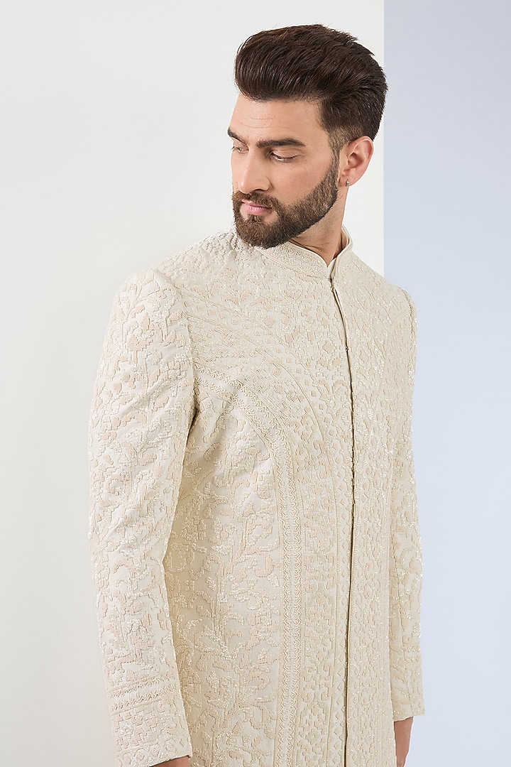 Ivory Raw Silk Cutdana Embroidered Groom Sherwani Set by ASUKA at Pernia's Pop Up Shop