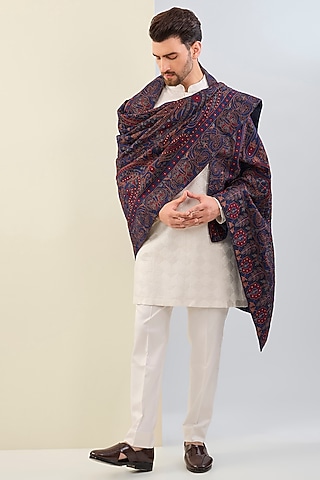 Navy Blue Georgette Resham Embroidered Shawl by ASUKA