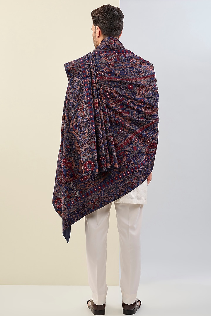 Navy Blue Georgette Resham Embroidered Shawl by ASUKA at Pernia's Pop Up Shop