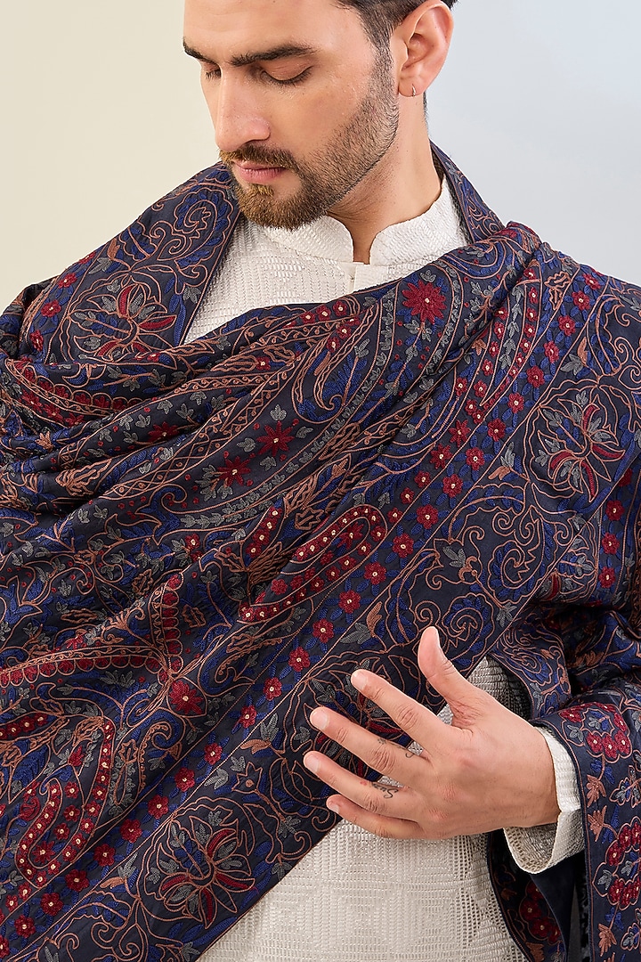 Navy Blue Georgette Resham Embroidered Shawl by ASUKA at Pernia's Pop Up Shop