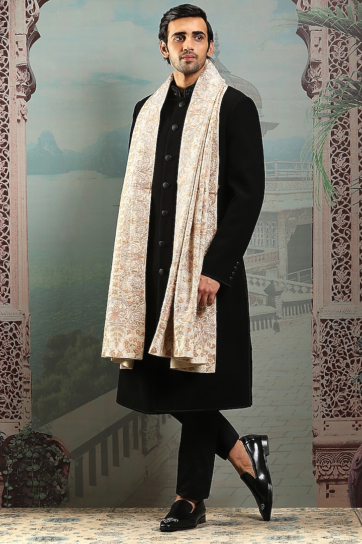 Ivory Silk Zardosi Embroidered Stole by ASUKA at Pernia's Pop Up Shop