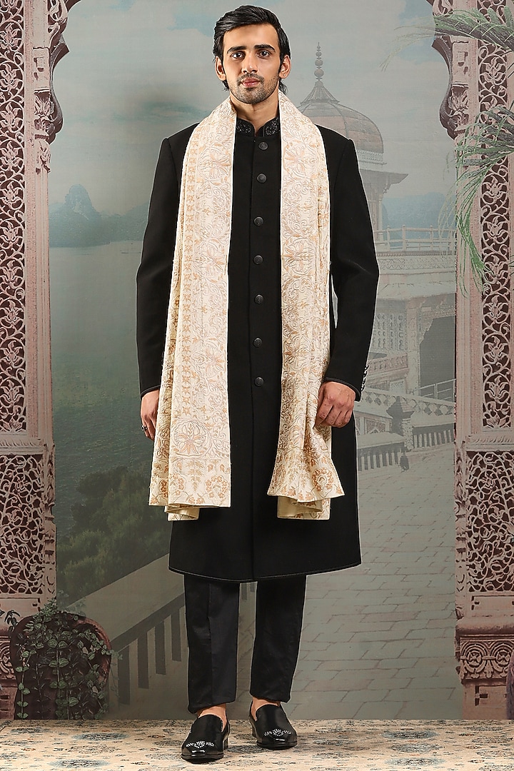 Ivory Silk Zardosi Embroidered Stole by ASUKA at Pernia's Pop Up Shop