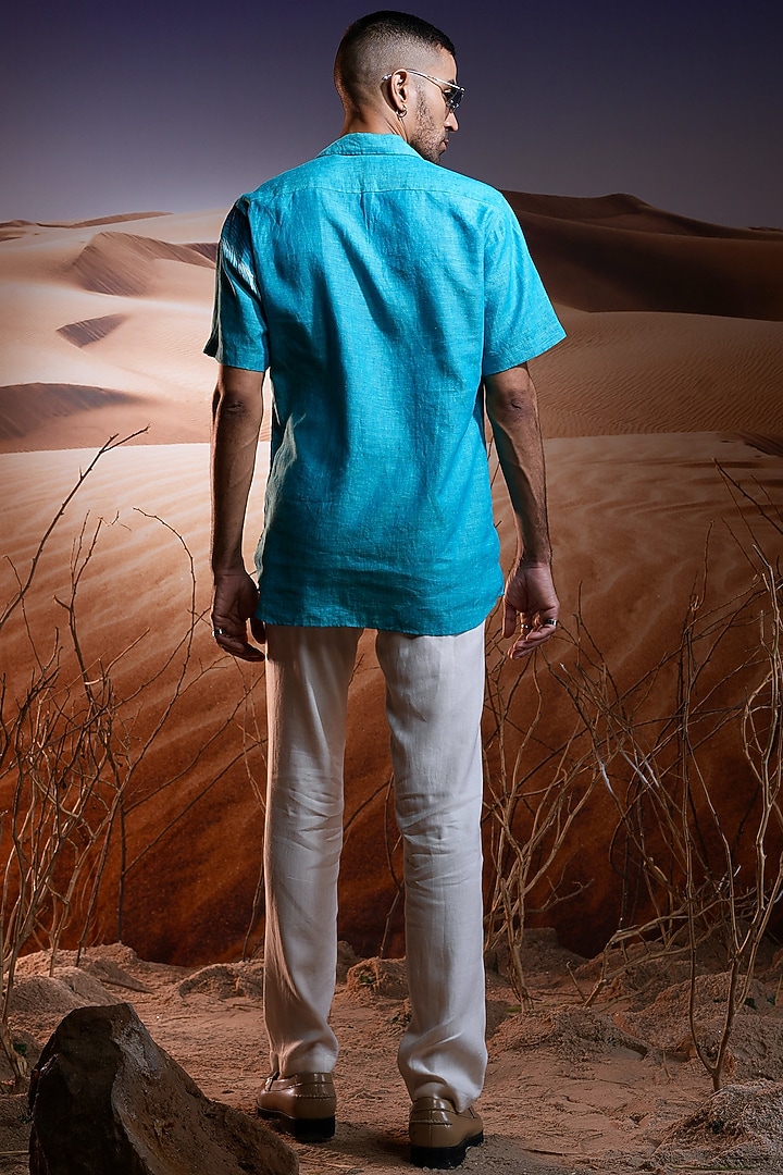Aqua Linen Hand-Painted Party Wear Shirt by ASUKA at Pernia's Pop Up Shop